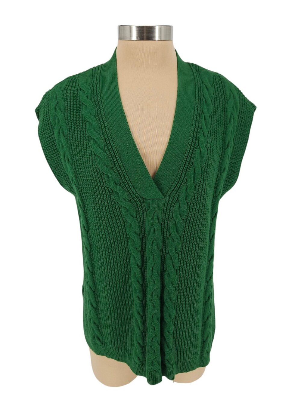 J. Jill Sweater Vest Green Sleeveless Cable Knit V Neck Oversized Pullover XS